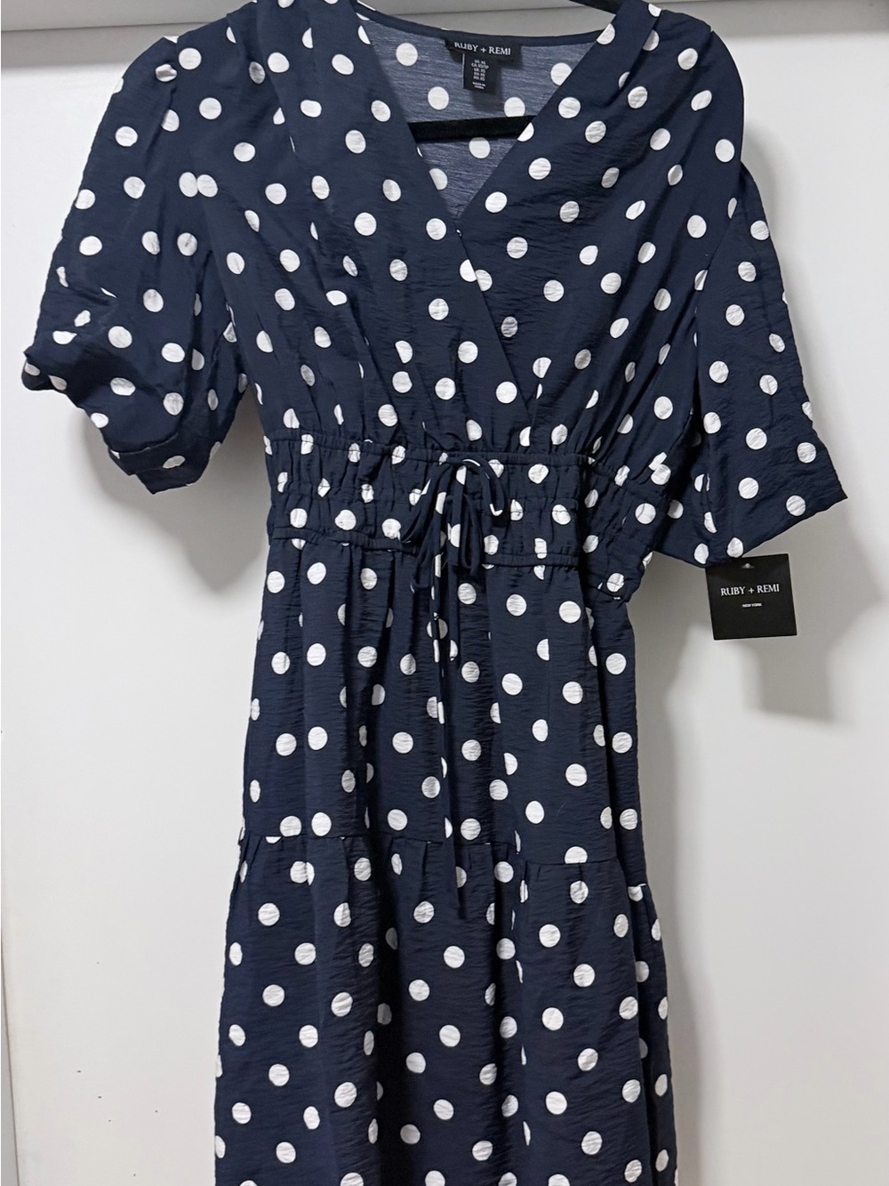 Navy Polka Dot Wrap Midi Dress